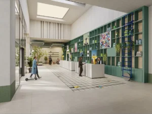 HQ by Rove reception and entrance lobby featuring a double-height interior, custom shelving wall, modern reception desk, and contemporary design in Dubai, Presented by Tohid Fetrat