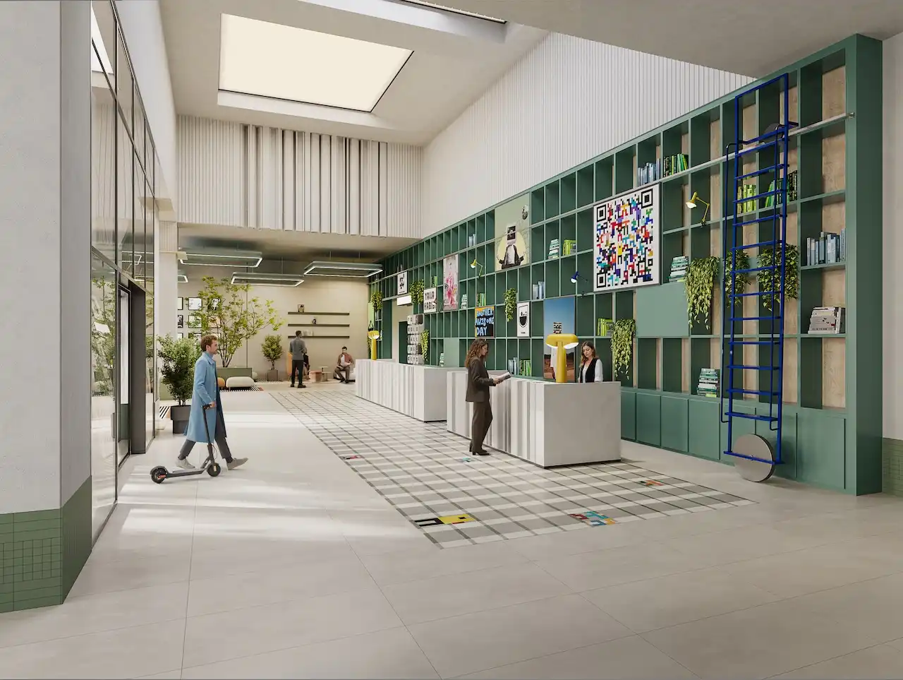 HQ by Rove reception and entrance lobby featuring a double-height interior, custom shelving wall, modern reception desk, and contemporary design in Dubai, Presented by Tohid Fetrat