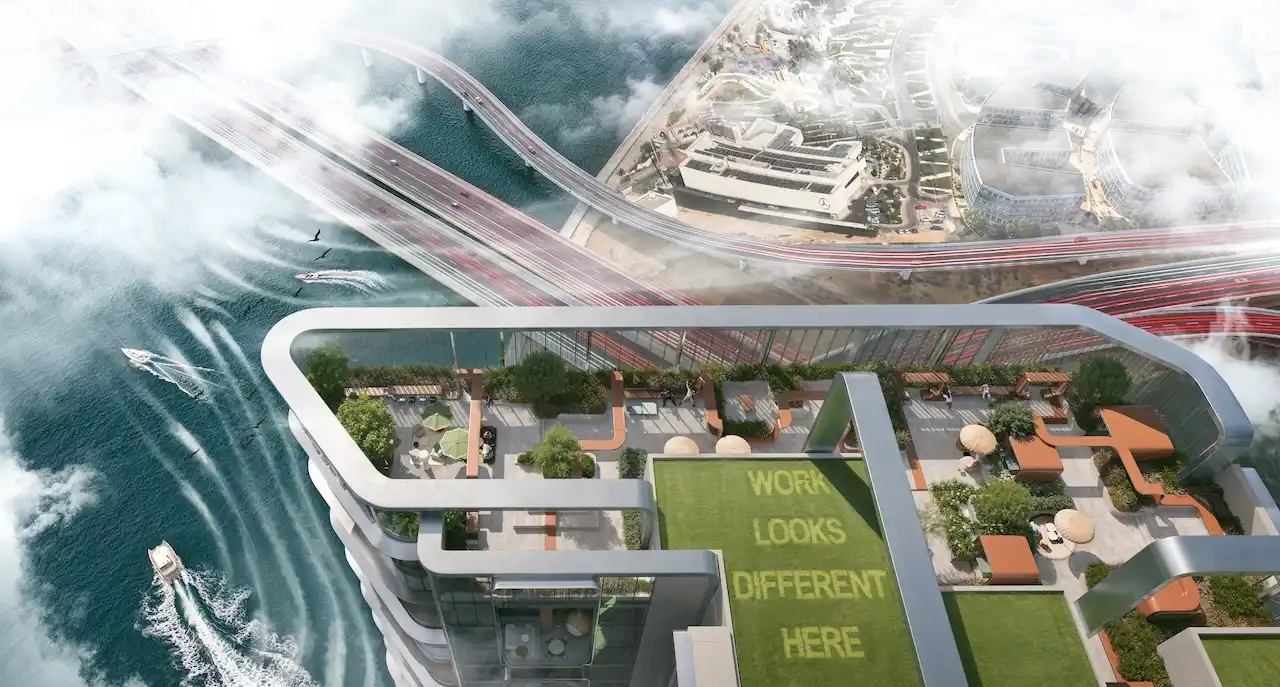 HQ by Rove rooftop terrace with landscaped outdoor workspaces, waterfront views, and iconic skyline surroundings in Dubai, Presented by Tohid Fetrat