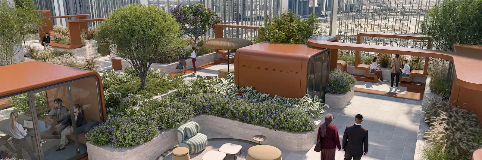 HQ by Rove rooftop work pods with landscaped outdoor seating, private meeting cabins, and elevated city views in Dubai, Presented by Tohid Fetrat