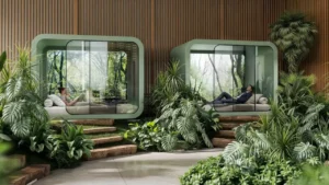 HQ by Rove spa pods set within a lush indoor garden, featuring private relaxation capsules designed for wellness and mindful breaks in Dubai, Presented by Tohid Fetrat