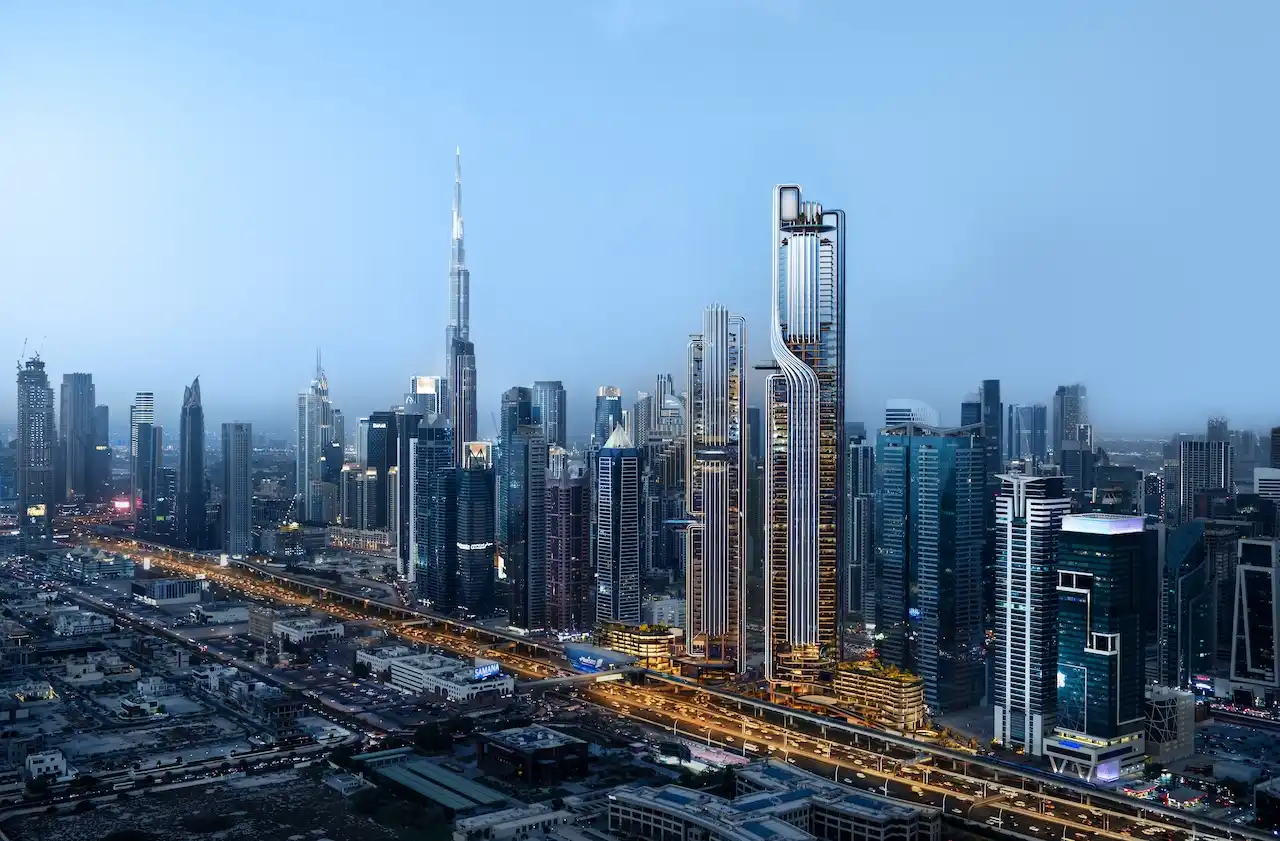 Aerial skyline view of Lumena Alta towers rising along Sheikh Zayed Road with illuminated architectural lines and panoramic views toward Downtown Dubai and Burj Khalifa. Presented by Tohid Fetrat.