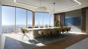 Executive meeting room at Lumena Alta with floor to ceiling windows overlooking the Dubai skyline and Burj Khalifa featuring refined interiors and contemporary workspace design. Presented by Tohid Fetrat.
