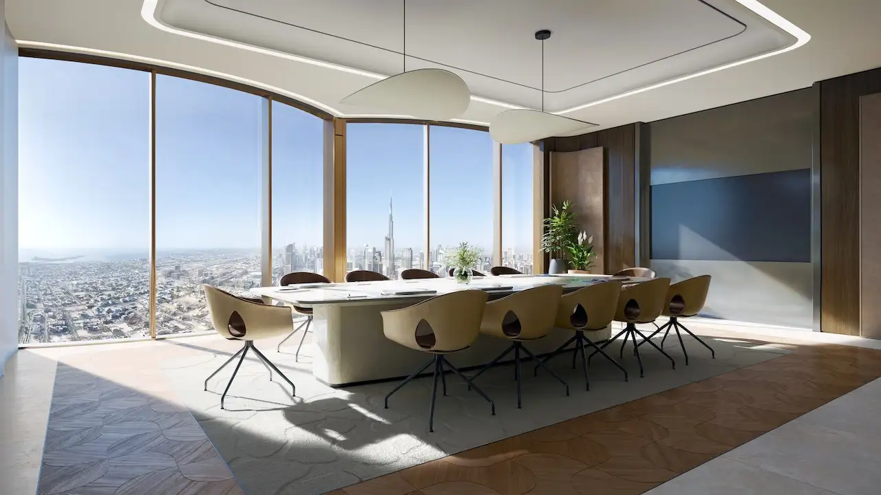 Executive meeting room at Lumena Alta with floor to ceiling windows overlooking the Dubai skyline and Burj Khalifa featuring refined interiors and contemporary workspace design. Presented by Tohid Fetrat.