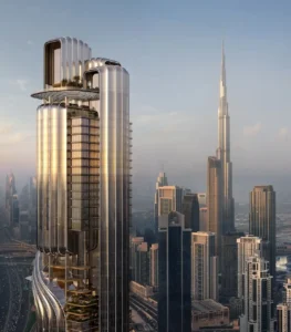 Lumena Alta exterior tower with sculptural architecture and panoramic daytime views toward Burj Khalifa and Downtown Dubai skyline. Presented by Tohid Fetrat.
