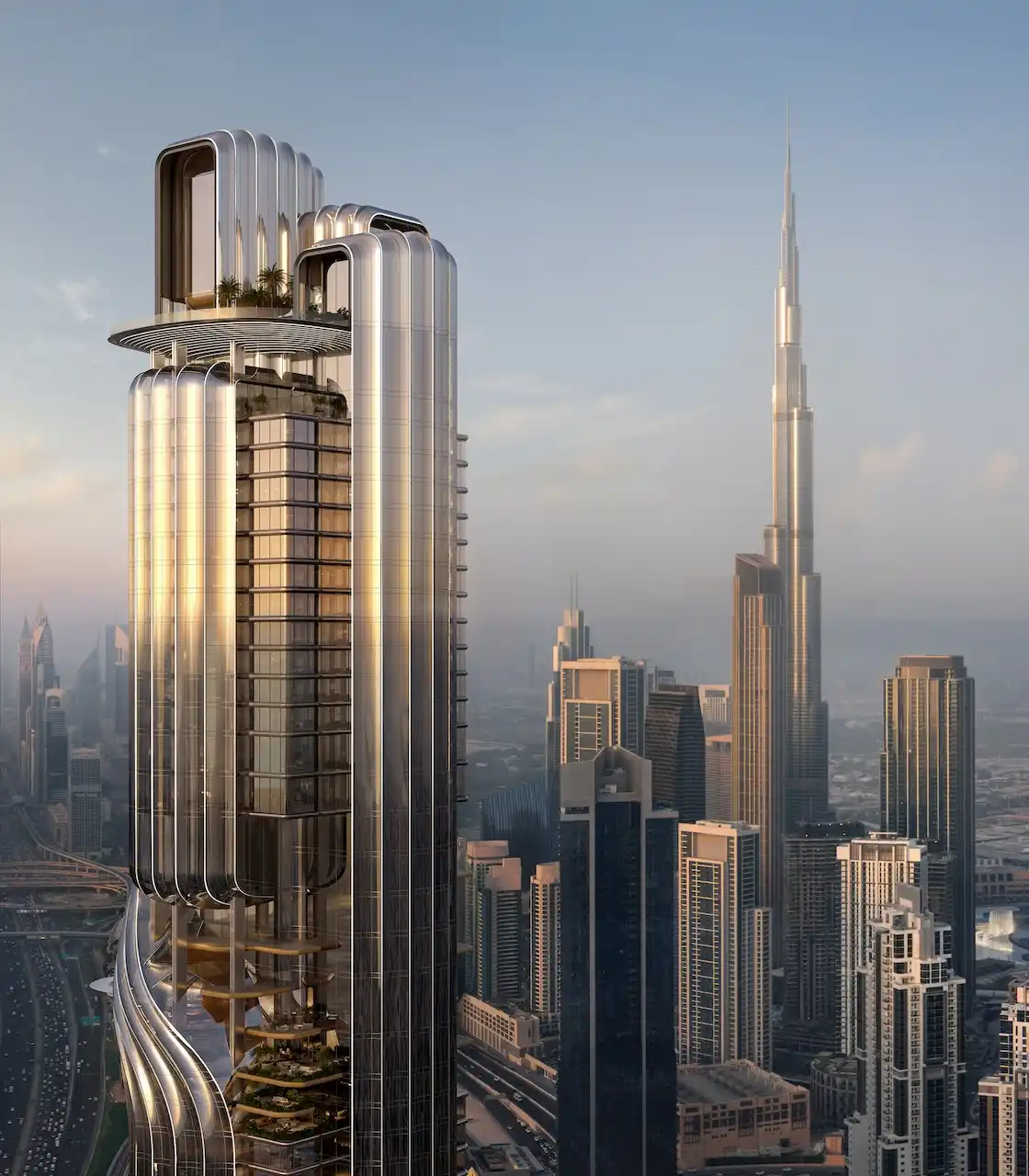 Lumena Alta exterior tower with sculptural architecture and panoramic daytime views toward Burj Khalifa and Downtown Dubai skyline. Presented by Tohid Fetrat.