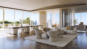 Luxury interior living and dining space at Lumena Alta with floor-to-ceiling windows and direct views of Burj Khalifa and the Dubai skyline. Presented by Tohid Fetrat.