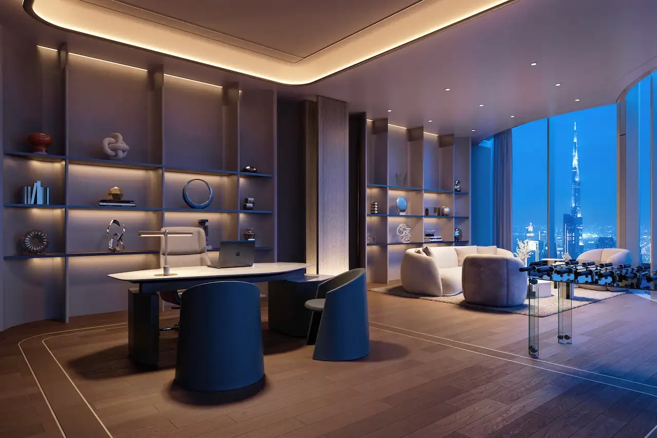 Private executive office at Lumena Alta featuring bespoke interior design, custom shelving, lounge seating, and floor to ceiling windows with Burj Khalifa views in Dubai. Presented by Tohid Fetrat
