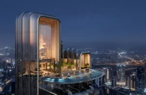 Lumena Alta rooftop infinity pool and sky terrace at night, featuring elevated leisure spaces, architectural lighting, and panoramic Dubai skyline views. Presented by Tohid Fetrat.