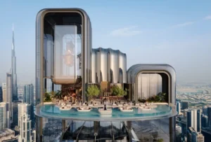 Lumena Alta elevated sky lounge and infinity pool with panoramic daytime views of Dubai skyline and Burj Khalifa. Presented by Tohid Fetrat.