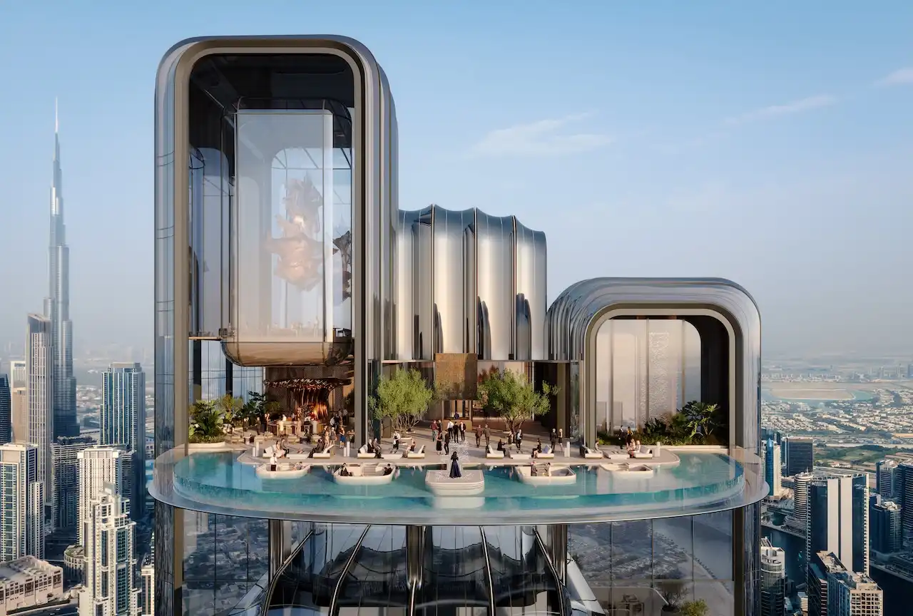 Lumena Alta elevated sky lounge and infinity pool with panoramic daytime views of Dubai skyline and Burj Khalifa. Presented by Tohid Fetrat.