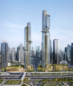 Lumena Alta twin towers exterior featuring iconic sculptural architecture and a striking skyline presence in Dubai’s urban core. Presented by Tohid Fetrat.