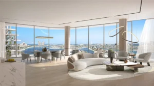 Luxury four bedroom residence living room at Passo by Beyond Palm Jumeirah featuring panoramic sea and skyline views floor to ceiling glass refined contemporary interiors and exclusive waterfront lifestyle. Presented by Tohid Fetrat.
