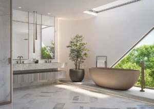 Luxury master bathroom interior at Passo by Beyond Palm Jumeirah Beach Mansion, featuring a freestanding sculptural bathtub, marble finishes, skylight natural light, and minimalist resort style design. Presented by Tohid Fetrat.