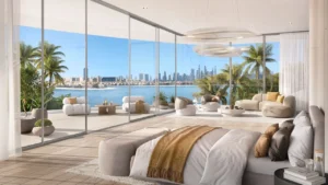 Luxury master bedroom interior at Passo by Beyond Palm Jumeirah Beach Mansion featuring floor to ceiling glass, panoramic sea and Dubai skyline views, refined modern furniture, and resort style living. Presented by Tohid Fetrat.