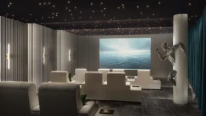 Passo by Beyond Palm Jumeirah özel sinema ve ev sineması alanı premium koltuklar yıldız tavan tasarımı sürükleyici ekran ve sakinlere özel lüks eğlence deneyimi sunmaktadır Tohid Fetrat tarafından sunulmuştur.
