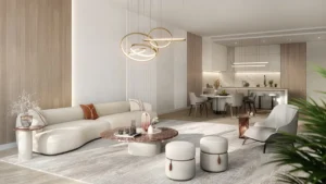 Two bedroom residence living and dining area at Passo by Beyond Palm Jumeirah featuring open plan layout modern kitchen elegant lounge seating and refined contemporary interior design. Presented by Tohid Fetrat.