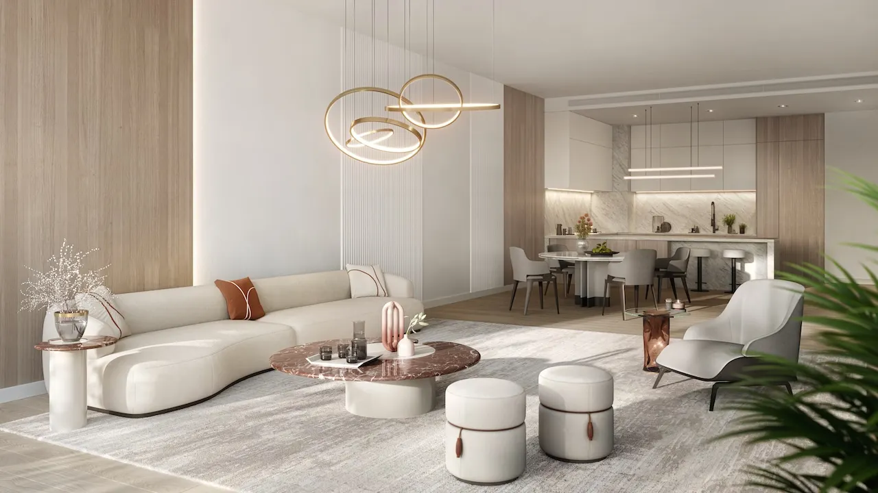Two bedroom residence living and dining area at Passo by Beyond Palm Jumeirah featuring open plan layout modern kitchen elegant lounge seating and refined contemporary interior design. Presented by Tohid Fetrat.