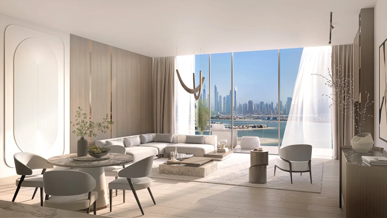 Two bedroom residence living room at Passo by Beyond Palm Jumeirah featuring floor to ceiling windows panoramic sea and Dubai skyline views modern open plan seating and refined contemporary interior design. Presented by Tohid Fetrat.