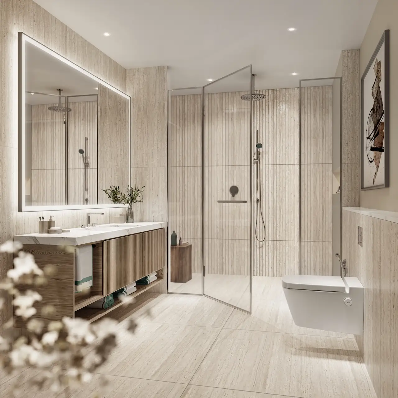 Typical master bathroom at Passo by Beyond Palm Jumeirah residence featuring walk in glass shower wall mounted vanity natural stone finishes and refined contemporary interior design. Presented by Tohid Fetrat.