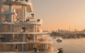 Upper facade view of Passo by Beyond on Palm Jumeirah at sunset, showcasing curved glass balconies, luxury waterfront residences, yachts on the water, and the Dubai skyline in the background. Presented by Tohid Fetrat.
