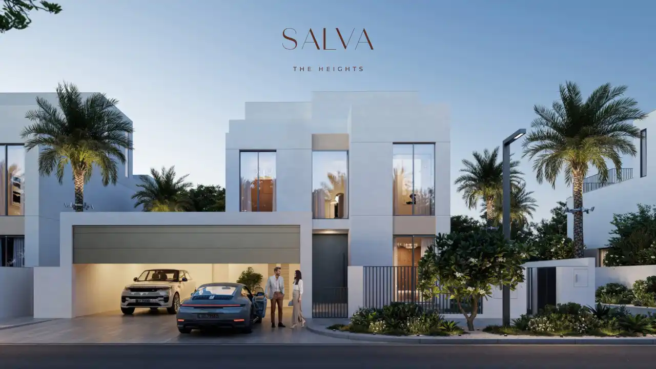Modern villa exterior at SALVA The Heights by Emaar featuring clean geometric architecture, private garage, floor to ceiling windows, and landscaped frontage within a contemporary residential community in Dubai. Presented by Tohid Fetrat.