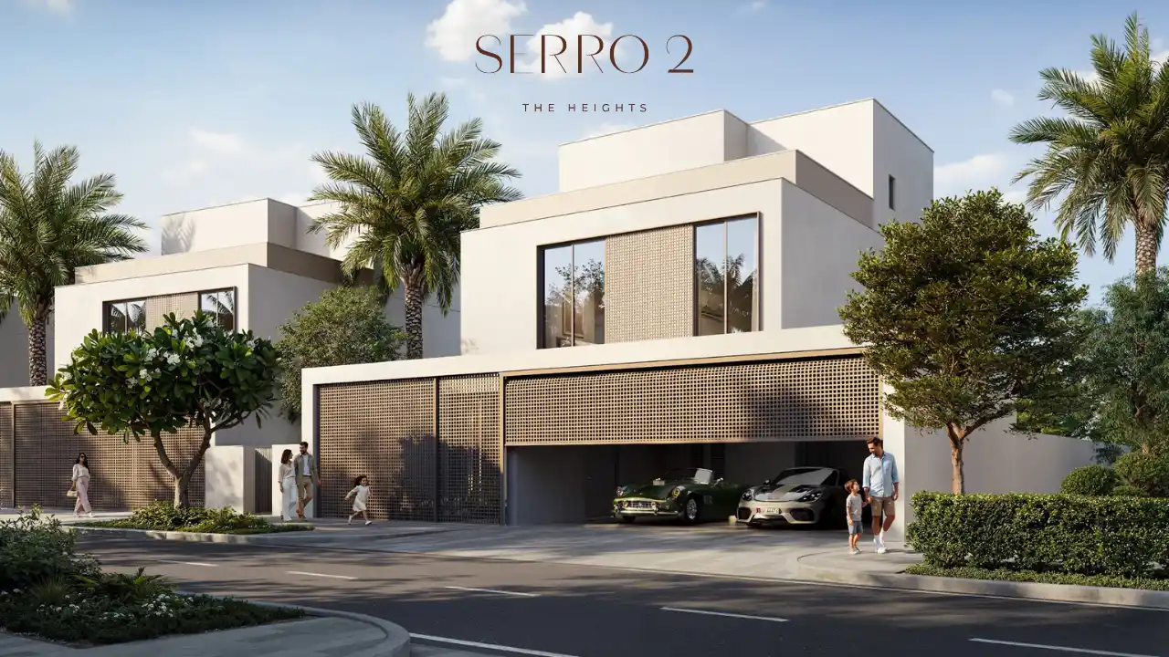 Modern villa exterior at SERRO 2 The Heights by Emaar featuring clean cubic architecture, private covered garage, palm landscaping, and contemporary family oriented community design in Dubai. Presented by Tohid Fetrat.
