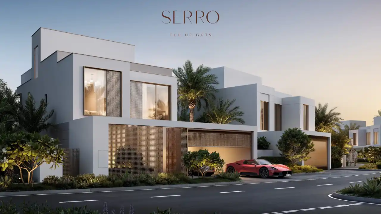 Modern villa exterior at SERRO The Heights by Emaar featuring clean cubic architecture, perforated façade screens, private covered garage, landscaped frontage, and a calm residential street setting in Dubai. Presented by Tohid Fetrat.