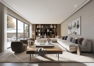 Spacious living room interior of the 5 bedroom Type B villa at Sobha Elwood featuring floor-to-ceiling glass doors, contemporary lounge seating, built-in shelving, and a warm neutral palette that blends indoor and outdoor living in a luxury villa setting in Dubai, Presented by Tohid Fetrat