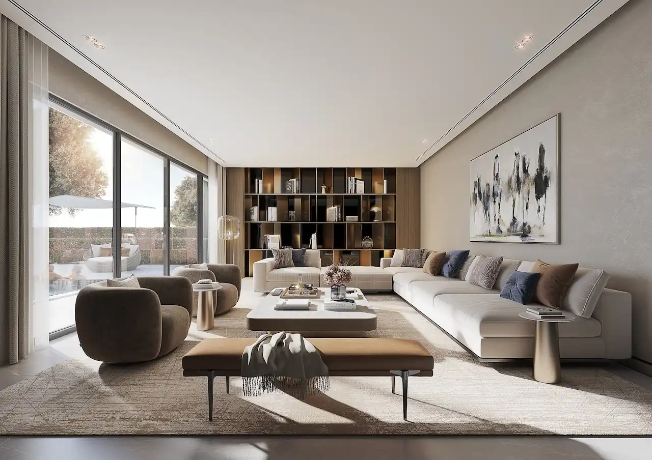 Spacious living room interior of the 5 bedroom Type B villa at Sobha Elwood featuring floor-to-ceiling glass doors, contemporary lounge seating, built-in shelving, and a warm neutral palette that blends indoor and outdoor living in a luxury villa setting in Dubai, Presented by Tohid Fetrat