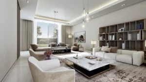 Formal living room interior of the 5 bedroom Type D villa at Sobha Elwood featuring elegant lounge seating, statement pendant lighting, bespoke shelving, and floor-to-ceiling glass doors opening to the garden, reflecting refined luxury villa living in Dubai, Presented by Tohid Fetrat