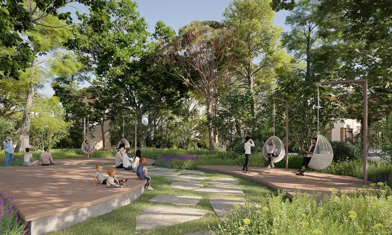 Swing pods seating area at Amazon Park in Sobha Elwood featuring circular timber decks, hanging lounge swings, landscaped gardens, and family-friendly outdoor spaces within a master-planned residential community in Dubai, Presented by Tohid Fetrat