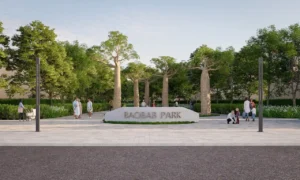 Entrance view of Baobab Park at Sobha Elwood featuring iconic baobab trees, landscaped walkways, pedestrian-friendly open spaces, and a nature-focused park setting within a master-planned residential community in Dubai, Presented by Tohid Fetrat