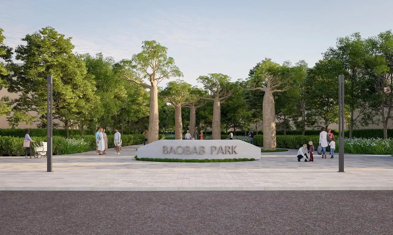 Entrance view of Baobab Park at Sobha Elwood featuring iconic baobab trees, landscaped walkways, pedestrian-friendly open spaces, and a nature-focused park setting within a master-planned residential community in Dubai, Presented by Tohid Fetrat