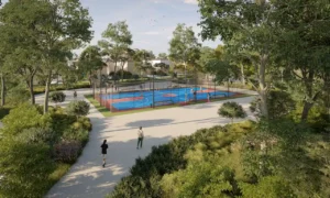 Outdoor basketball court at Bialowieza Park in Sobha Elwood, surrounded by landscaped greenery, walking paths, and trees, offering an active lifestyle and sports-focused amenity within a master-planned residential community in Dubai, Presented by Tohid Fetrat