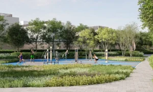 Outdoor fitness area at Bristlecone Park in Sobha Elwood featuring open-air gym equipment, landscaped greenery, and walking paths within a master-planned residential community in Dubai, Presented by Tohid Fetrat