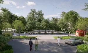 Cul-de-sac plaza at Daintree Park in Sobha Elwood featuring a central open plaza, shaded seating, landscaped trees, community kiosks, and family-friendly gathering spaces within a master-planned residential community in Dubai, Presented by Tohid Fetrat