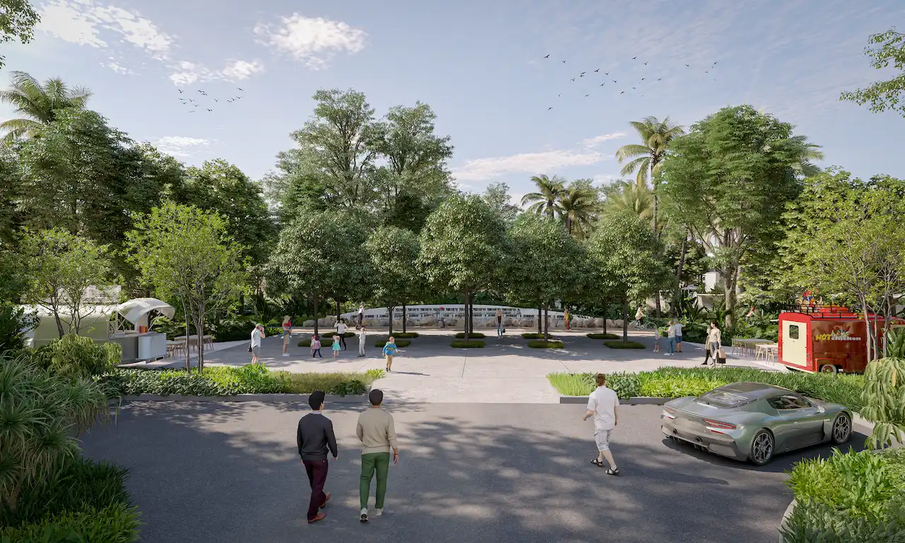 Cul-de-sac plaza at Daintree Park in Sobha Elwood featuring a central open plaza, shaded seating, landscaped trees, community kiosks, and family-friendly gathering spaces within a master-planned residential community in Dubai, Presented by Tohid Fetrat