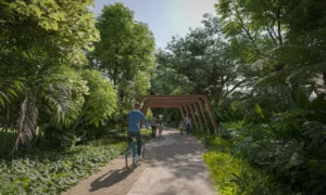 Elwood Trail with feature pergola at Daintree Park in Sobha Elwood, showcasing a shaded pedestrian and cycling pathway surrounded by lush tropical landscaping within a master-planned residential community in Dubai, Presented by Tohid Fetrat