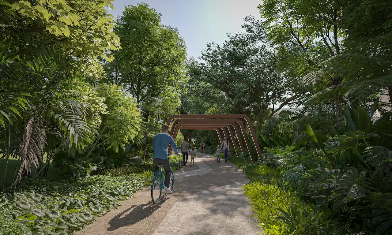 Elwood Trail with feature pergola at Daintree Park in Sobha Elwood, showcasing a shaded pedestrian and cycling pathway surrounded by lush tropical landscaping within a master-planned residential community in Dubai, Presented by Tohid Fetrat