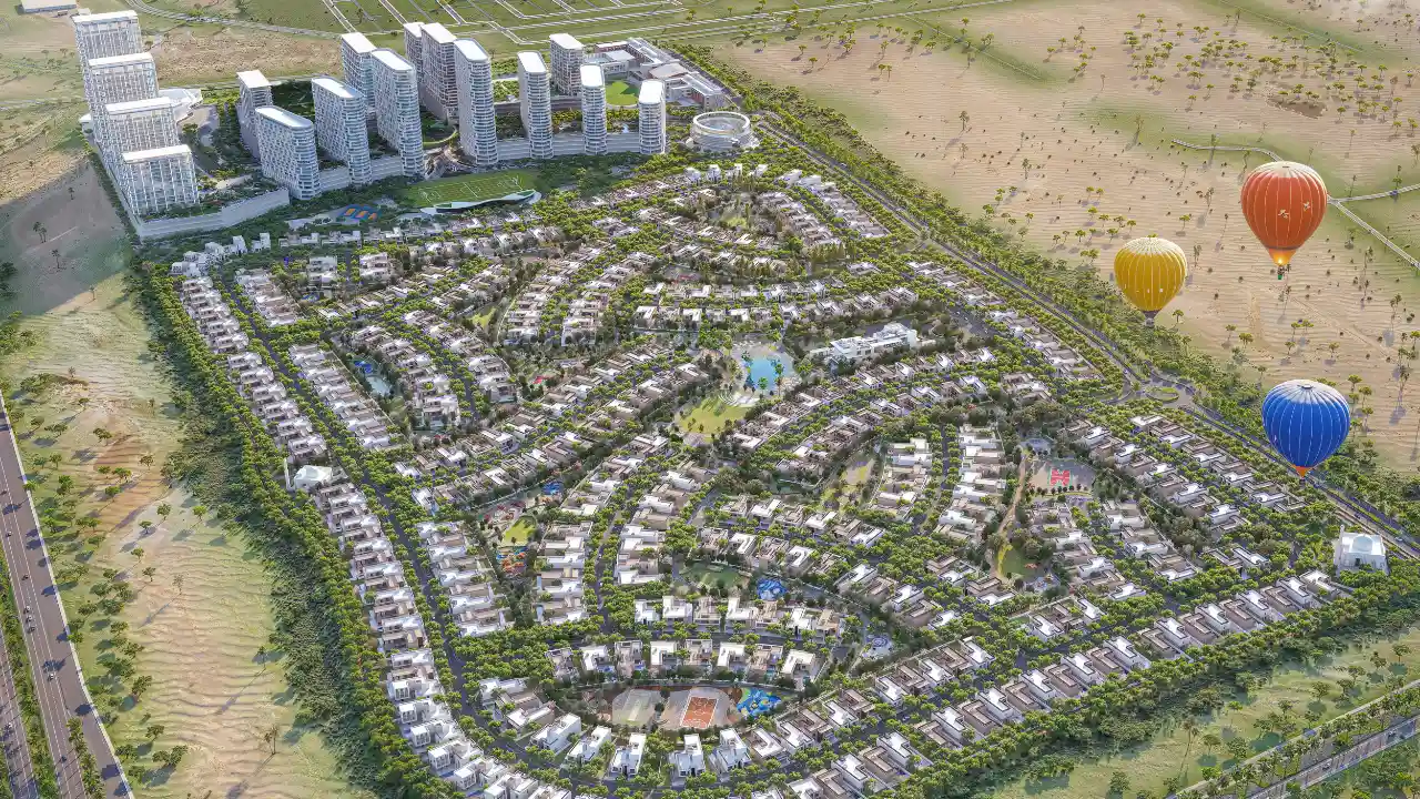 Bird’s-eye master plan view of Sobha Elwood showcasing the full residential layout with villas, landscaped green corridors, community amenities, and surrounding desert landscape in Dubai, Presented by Tohid Fetrat