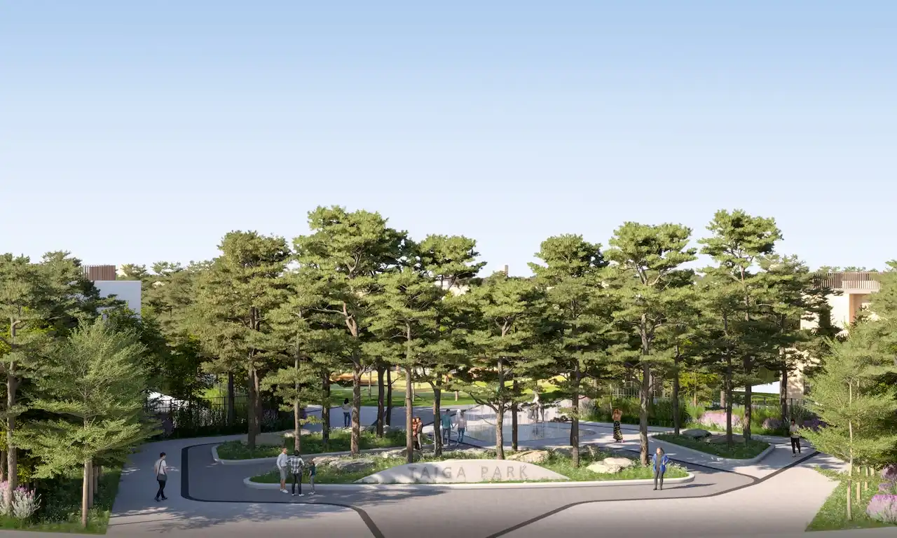 Entrance view of Taiga Park at Sobha Elwood showcasing a pine-tree landscape, curved pedestrian walkways, and open green spaces within a master-planned residential community in Dubai, Presented by Tohid Fetrat