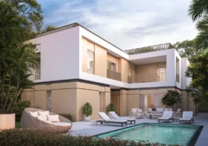 Type 4A courtyard villa at Sobha Elwood featuring a private swimming pool, modern two-storey architecture, landscaped garden, and serene outdoor living space in Dubai, Presented by Tohid Fetrat