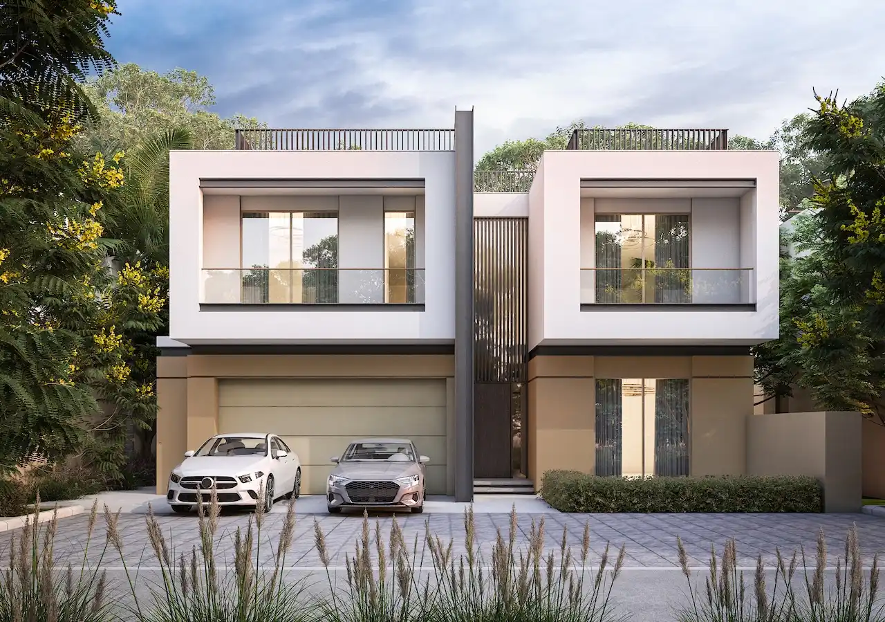 Front elevation of the Type 4A villa at Sobha Elwood featuring a modern two-storey façade, private garage, large windows, and contemporary architectural lines within a landscaped residential community in Dubai, Presented by Tohid Fetrat