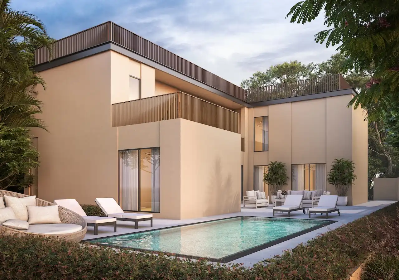 Private courtyard of the Type 4C villa at Sobha Elwood featuring a modern two-storey design, private swimming pool, outdoor lounge seating, and landscaped surroundings within a master-planned residential community in Dubai, Presented by Tohid Fetrat