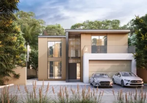 Front elevation of the Type 4C villa at Sobha Elwood featuring a contemporary two-storey design, private double garage, large floor-to-ceiling windows, and refined modern architecture within a master-planned residential community in Dubai, Presented by Tohid Fetrat