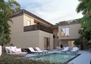 Private courtyard of the Type 5A villa at Sobha Elwood featuring a contemporary two-storey design, landscaped outdoor seating, and a private swimming pool within a premium master-planned community in Dubai, Presented by Tohid Fetrat