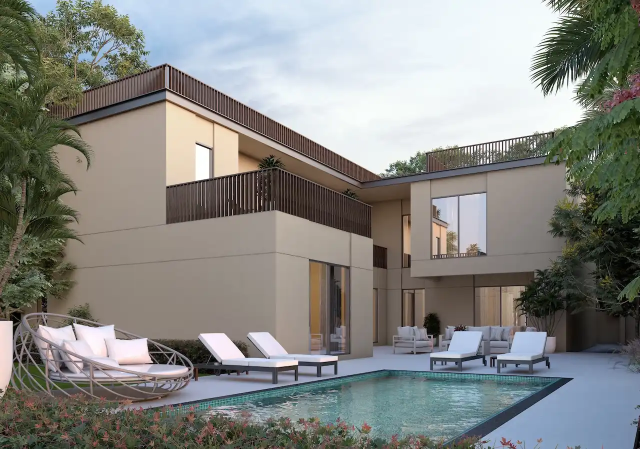 Private courtyard of the Type 5A villa at Sobha Elwood featuring a contemporary two-storey design, landscaped outdoor seating, and a private swimming pool within a premium master-planned community in Dubai, Presented by Tohid Fetrat