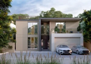 Front elevation of the Type 5A villa at Sobha Elwood featuring a contemporary two-storey design, private garage, large floor-to-ceiling windows, and clean modern architecture within a premium master-planned community in Dubai, Presented by Tohid Fetrat