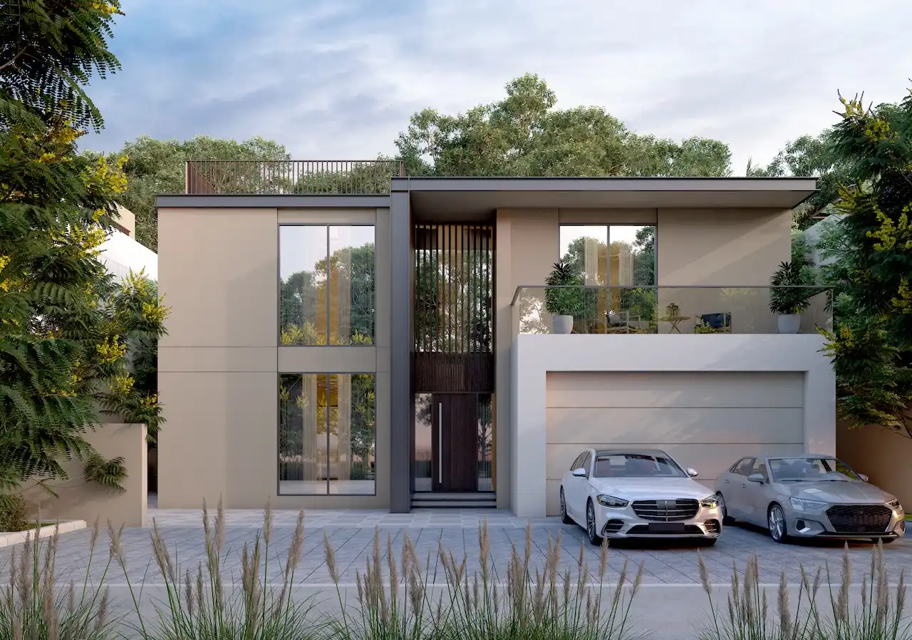 Front elevation of the Type 5A villa at Sobha Elwood featuring a contemporary two-storey design, private garage, large floor-to-ceiling windows, and clean modern architecture within a premium master-planned community in Dubai, Presented by Tohid Fetrat